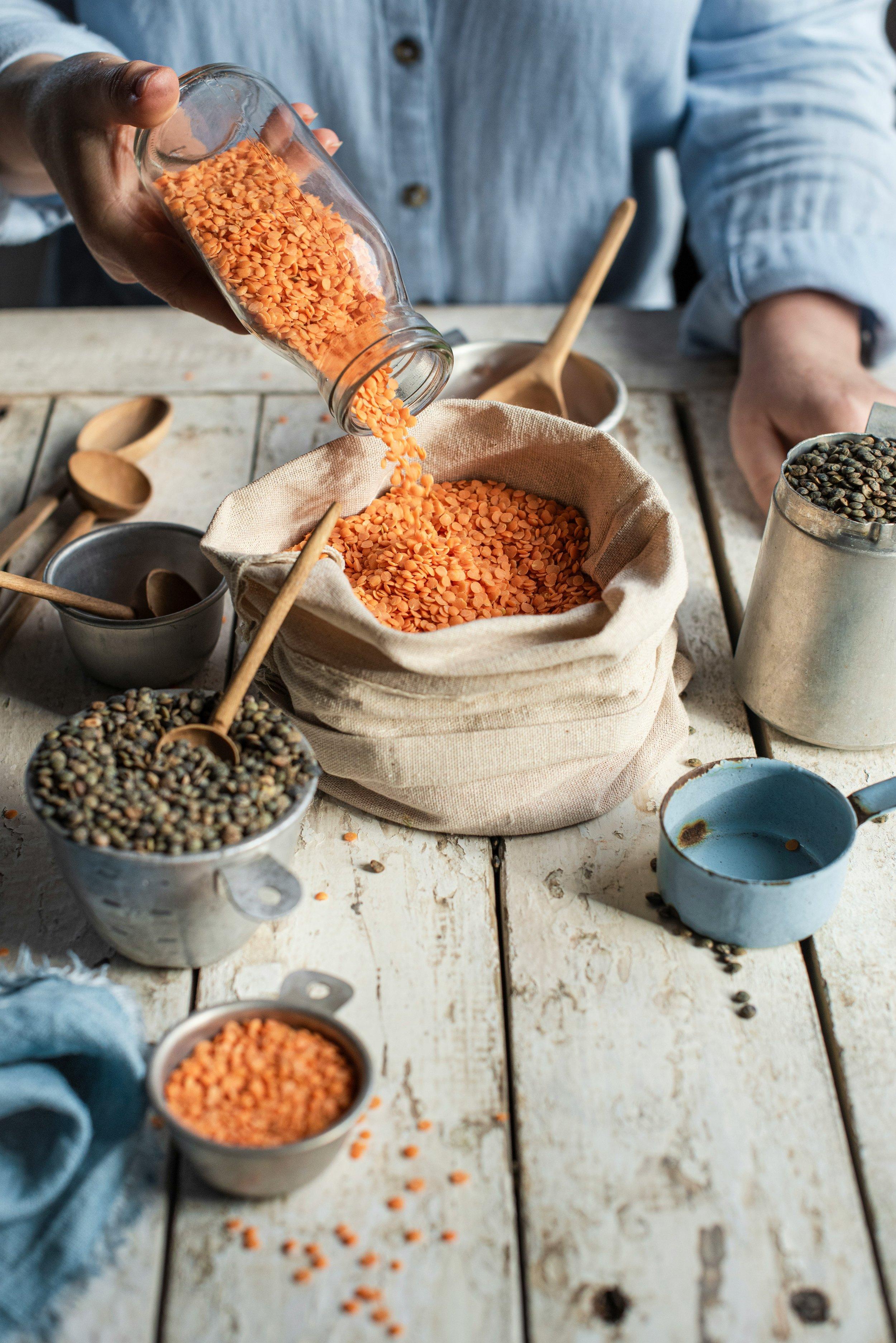 Pulses and rice presented in a kitchen setting